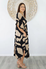 Load image into Gallery viewer, Sundrenched Bermuda Abstract Geo Black & Beige Long Kaftan Dress. One Size Fits All.