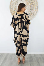 Load image into Gallery viewer, Sundrenched Bermuda Abstract Geo Black & Beige Long Kaftan Dress. One Size Fits All.
