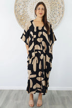 Load image into Gallery viewer, Sundrenched Bermuda Abstract Geo Black & Beige Long Kaftan Dress. One Size Fits All.