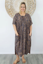 Load image into Gallery viewer, Sundrenched Bermuda Kerala Navy & Tan Long Kaftan Dress. One Size Fits All.