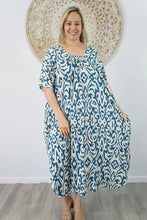 Load image into Gallery viewer, Sundrenched Bermuda Totem Teal Kaftan Dress. One Size Fits All.