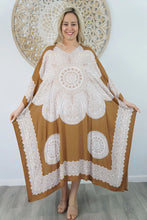 Load image into Gallery viewer, Sundrenched Crown Mandala Tan & White Long Kaftan Dress With Bling.  One Size Fits All.