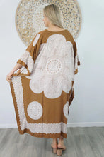 Load image into Gallery viewer, Sundrenched Crown Mandala Tan & White Long Kaftan Dress With Bling.  One Size Fits All.