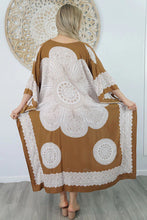 Load image into Gallery viewer, Sundrenched Crown Mandala Tan & White Long Kaftan Dress With Bling.  One Size Fits All.