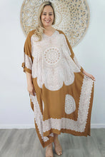 Load image into Gallery viewer, Sundrenched Crown Mandala Tan & White Long Kaftan Dress With Bling.  One Size Fits All.