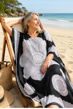 Load image into Gallery viewer, Sundrenched Crown Mandala Black & White Long Kaftan Dress With Bling - One Size Fits All
