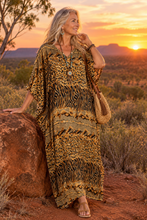 Load image into Gallery viewer, Sundrenched Snake Cheetah Gold & Black Long Kaftan Dress. One Size Fits All.