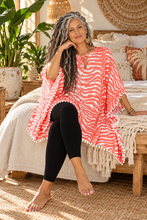 Load image into Gallery viewer, Coral Zebra Kaftan Top with Pom Poms | One Size Fits All