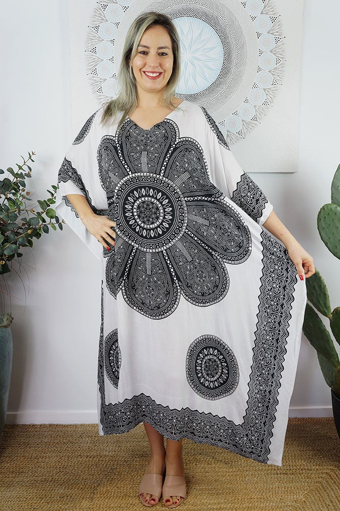 Sundrenched Crown Mandala white & black kaftan with bling.  One Size Fits All.