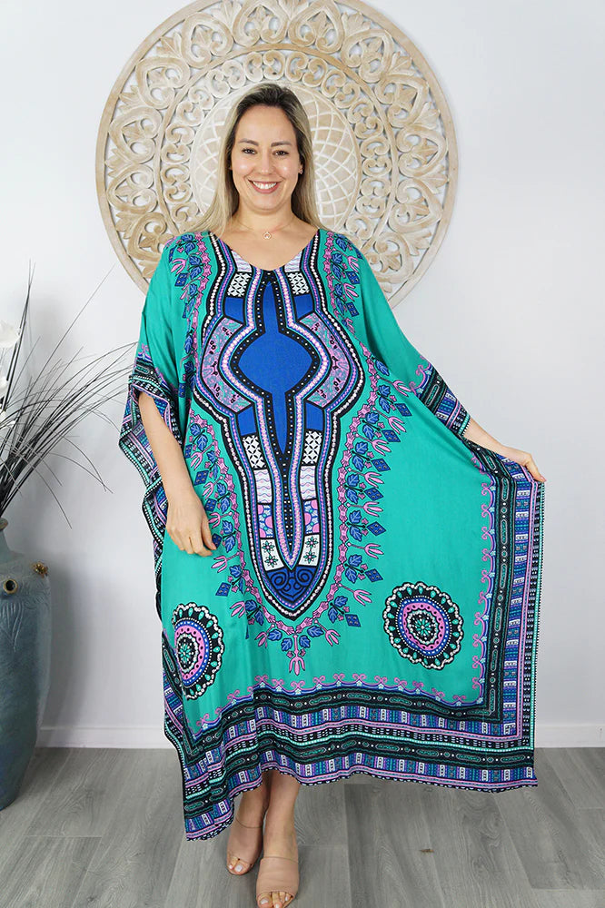 Sundrenched Inca Bling Sequined Teal Long Kaftan Dress.  One Size Fits All.