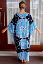 Load image into Gallery viewer, Sundrenched Aqua & Black Tunisia Mandala long kaftan dress with bling. One Size Fits All.
