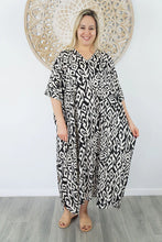 Load image into Gallery viewer, Sundrenched Long Kaftan Dress Asmat Black & White. One Size Fits All.