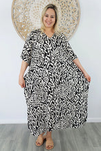 Load image into Gallery viewer, Sundrenched Long Kaftan Dress Asmat Black & White. One Size Fits All.