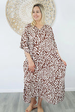 Load image into Gallery viewer, Sundrenched Long Kaftan Dress Asmat Brown & White. One Size Fits All.