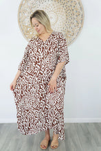 Load image into Gallery viewer, Sundrenched Long Kaftan Dress Asmat Brown & White. One Size Fits All.
