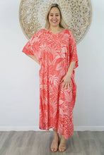 Load image into Gallery viewer, Sundrenched Long Kaftan Dress In Betelnut Melon. One Size Fits All.