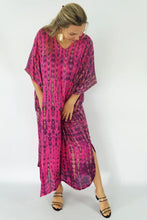Load image into Gallery viewer, Sundrenched Crackle Fuchsia Pink Long Kaftan Dress.  One Size Fits All.
