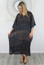 Load image into Gallery viewer, Sundrenched Long Kaftan Dress Midnight Crackle Tie Dye. One Size Fits All.