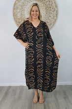 Load image into Gallery viewer, Sundrenched Long Kaftan Dress Black/Tan Half Moon. One Size Fits All.