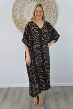Load image into Gallery viewer, Sundrenched Long Kaftan Dress Black/Tan Half Moon. One Size Fits All.