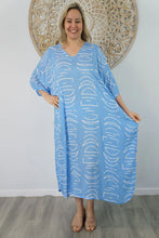 Load image into Gallery viewer, Sundrenched Half Moon Sky Blue Long Kaftan Dress. One Size Fits All.