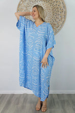 Load image into Gallery viewer, Sundrenched Half Moon Sky Blue Long Kaftan Dress. One Size Fits All.