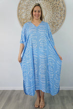 Load image into Gallery viewer, Sundrenched Half Moon Sky Blue Long Kaftan Dress. One Size Fits All.