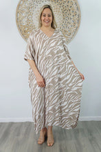 Load image into Gallery viewer, Sundrenched Zebra Taupe Long Kaftan Dress. One Size Fits All.
