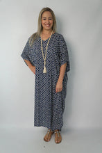 Load image into Gallery viewer, Sundrenched Long Kaftan Dress Links Navy & White Pattern. One Size Fits All.