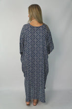 Load image into Gallery viewer, Sundrenched Long Kaftan Dress Links Navy & White Pattern. One Size Fits All.