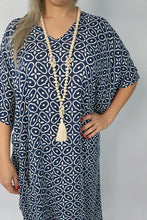 Load image into Gallery viewer, Sundrenched Long Kaftan Dress Links Navy & White Pattern. One Size Fits All.