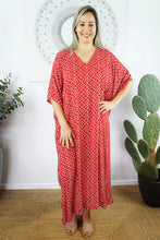 Load image into Gallery viewer, Sundrenched Long Kaftan Dress Links Red & White . One Size Fits All.