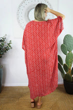 Load image into Gallery viewer, Sundrenched Long Kaftan Dress Links Red & White . One Size Fits All.