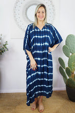 Load image into Gallery viewer, Sundrenched Nirvana Tie Dye Navy &amp; Blue  Long Kaftan Dress.  One Size Fits All.
