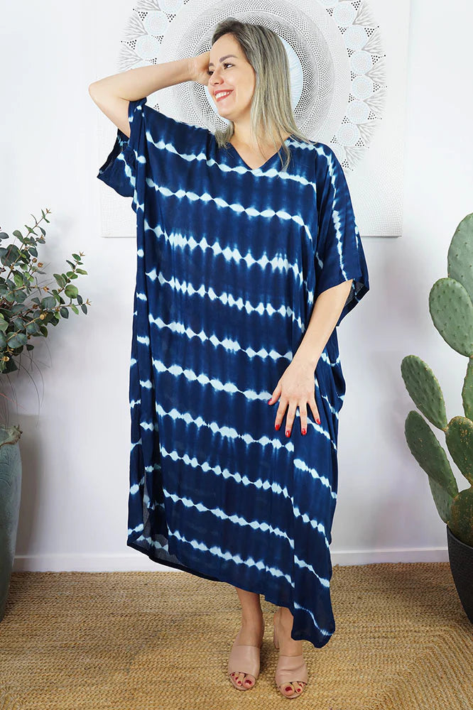 Sundrenched Nirvana Tie Dye Navy & Blue  Long Kaftan Dress.  One Size Fits All.