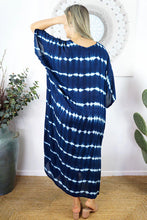 Load image into Gallery viewer, Sundrenched Nirvana Tie Dye Navy &amp; Blue  Long Kaftan Dress.  One Size Fits All.
