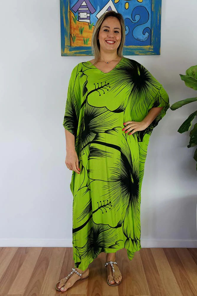 Sundrenched Outline Lime Long Kaftan Dress.  One Size Fits All.