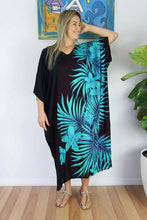 Load image into Gallery viewer, Sundrenched Palm Frond Blue & Black long kaftan dress. One Size Fits All.