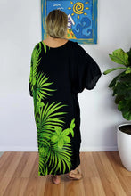 Load image into Gallery viewer, Sundrenched Palm Frond print lime green & black long kaftan dress. One Size Fits All.