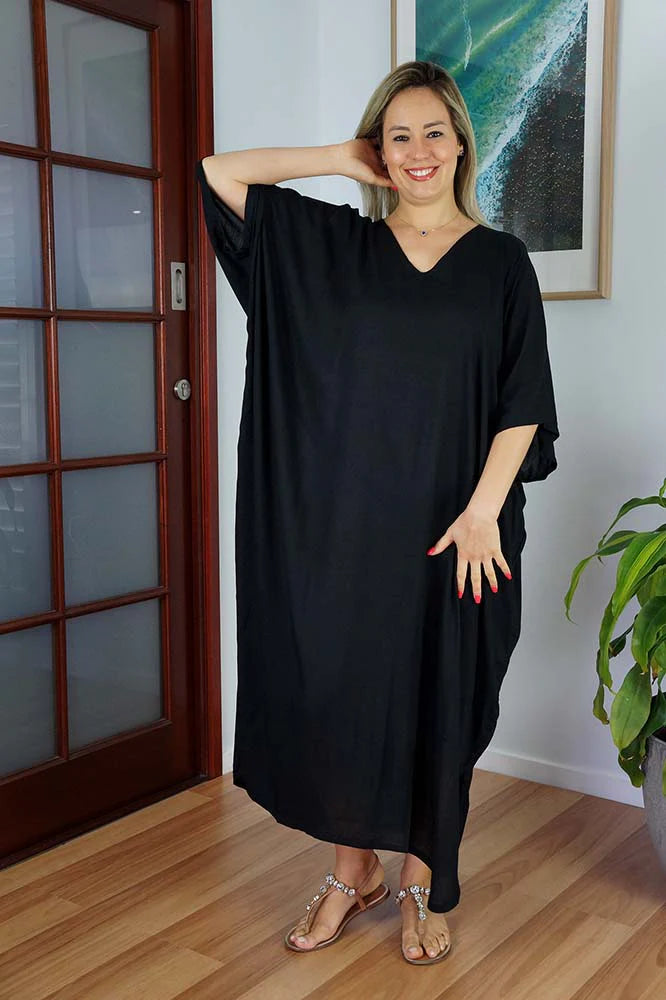 Sundrenched Long Kaftan Dress Plain Black.  One Size Fits All.