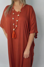 Load image into Gallery viewer, Sundrenched Long Kaftan Dress Rust Colour.  One Size Fits All.
