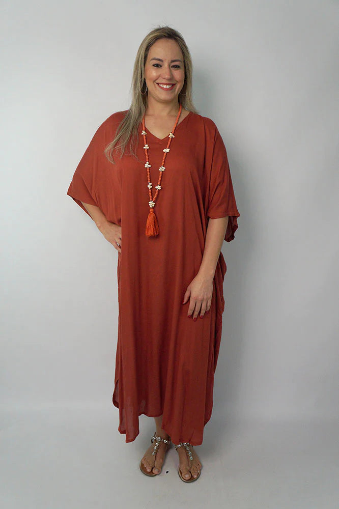 Sundrenched Long Kaftan Dress Rust Colour.  One Size Fits All.