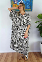 Load image into Gallery viewer, Long Sundrenched Safari kaftan black &amp; beige animal print.  One size fits all.  
