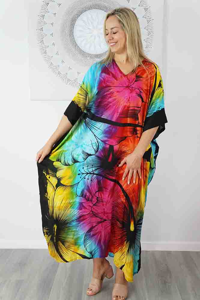 Sundrenched Sunshine Rainbow Floral Long Kaftan Dress.  One Size Fits All.