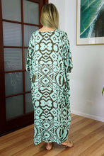Load image into Gallery viewer, Sundrenched Tribal Mint & Brown Long Kaftan Dress. One Size Fits All.
