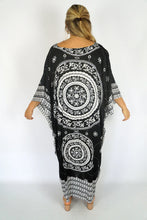 Load image into Gallery viewer, Sundrenched Tunisia Mandala boho black & white long kaftan dress. One Size Fits All.