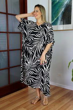 Load image into Gallery viewer, Sundrenched Black &amp; White &#39;Vines&#39; Long Kaftan Dress.  One Size Fits All.
