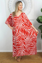 Load image into Gallery viewer, Sundrenched Red &amp; White &#39;Vines&#39; Long Kaftan Dress.  One Size Fits All.
