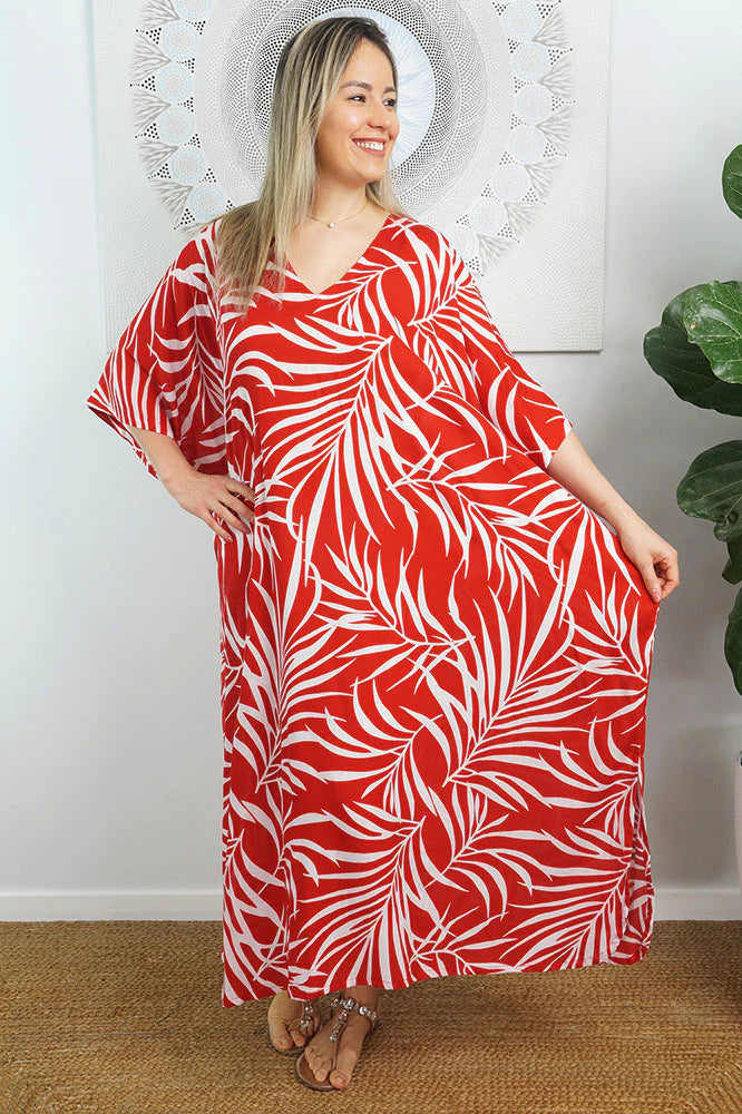 Sundrenched Red & White 'Vines' Long Kaftan Dress.  One Size Fits All.