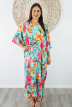 Load image into Gallery viewer, Sundrenched Long Kaftan Premium Dress Tropical Delights With Turquoise Background . One Size Fits All.